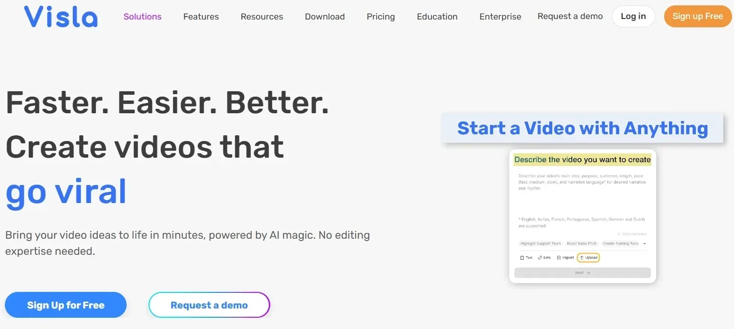 Visla homepage promoting AI video creation from text, links, and uploads