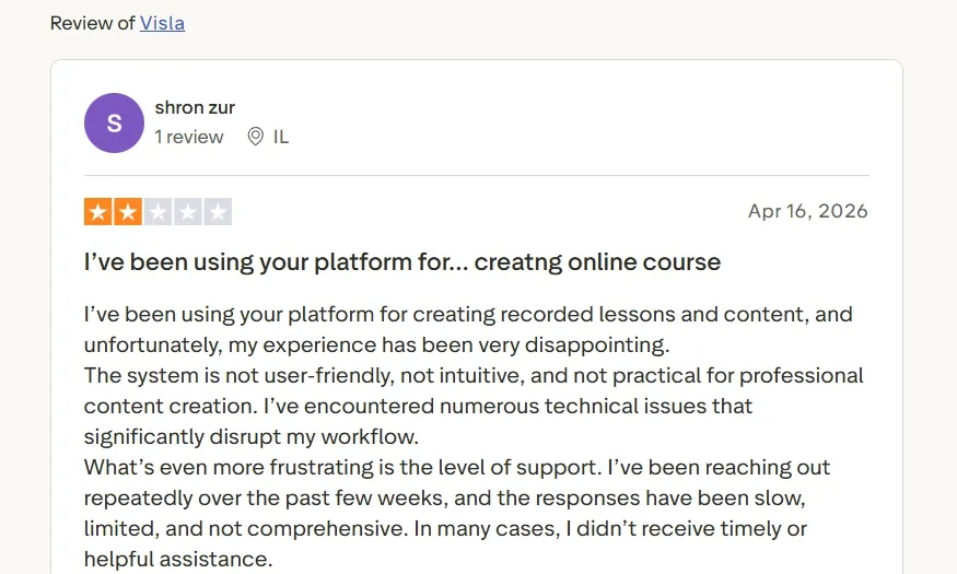 Trustpilot review criticizing Visla usability, technical issues, and slow support