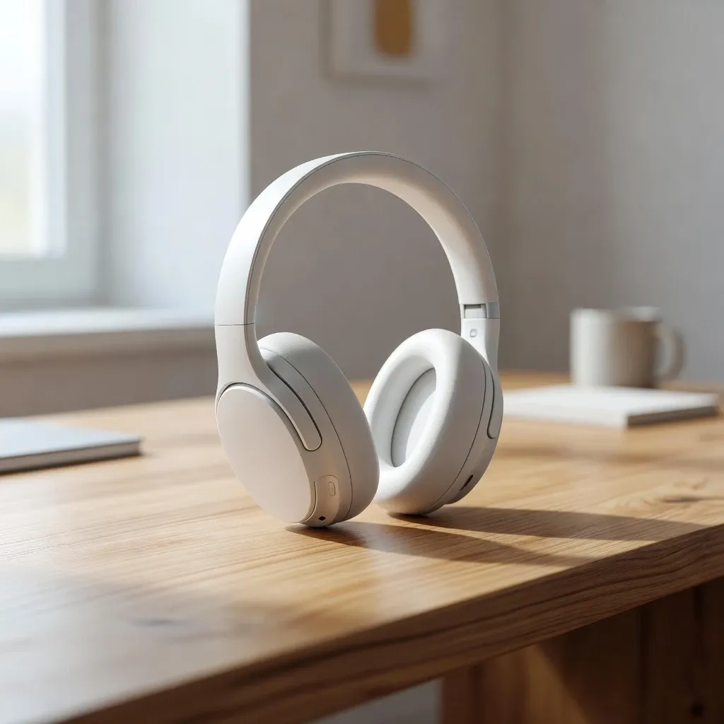Pure white minimalist over-ear headphones on wooden desk with soft natural window sunlight