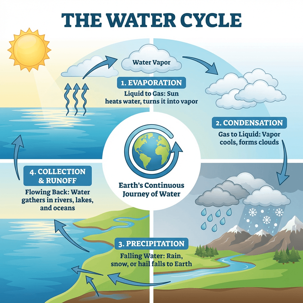 Water cycle infographic with labeled stages generated by Nano Banana 2