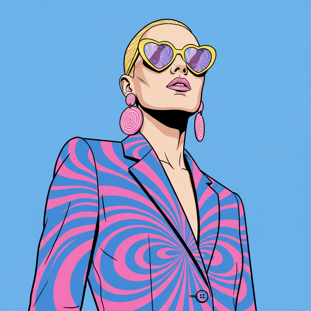 Pop-art fashion portrait with heart sunglasses generated by Nano Banana 2